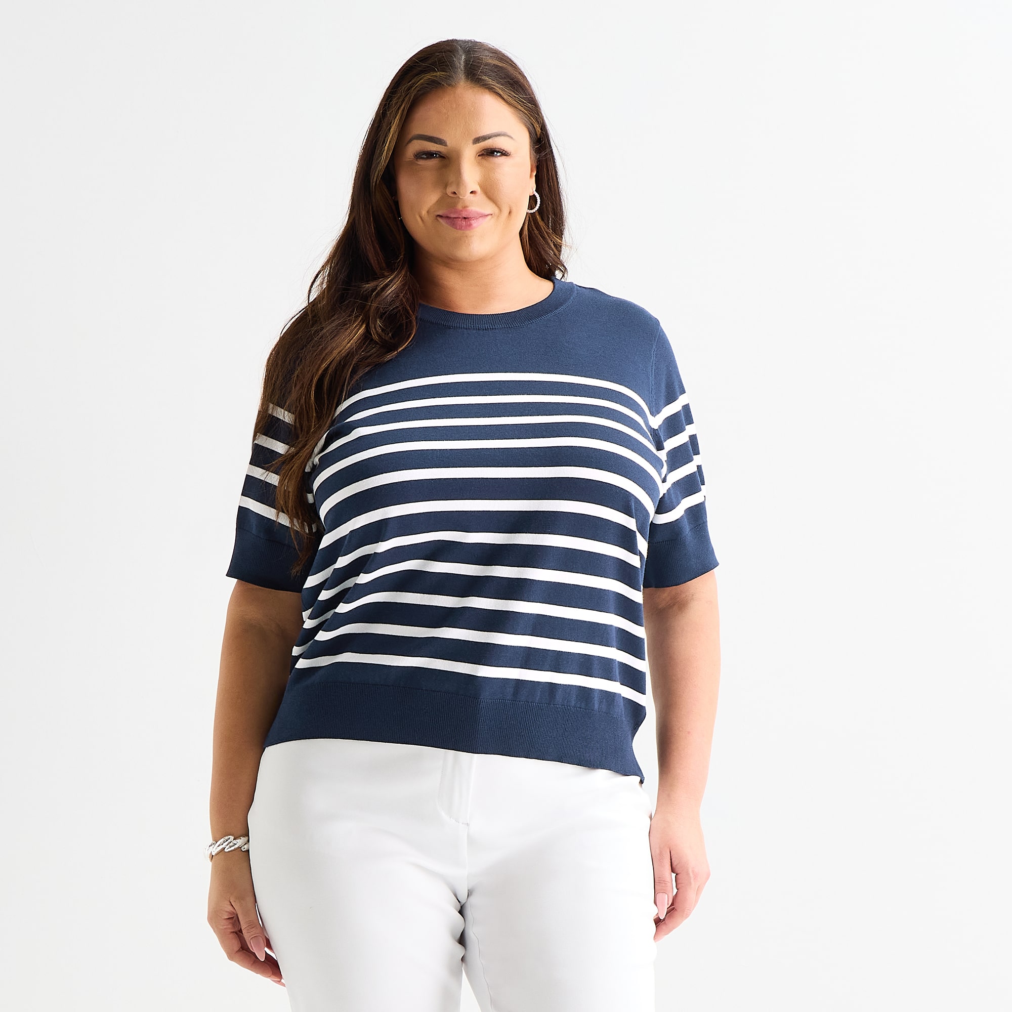 Liz Claiborne Plus Womens Crew Neck Short Sleeve Striped Pullover Sweater