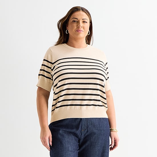 Liz Claiborne Plus Womens Crew Neck Short Sleeve Striped Pullover Sweater