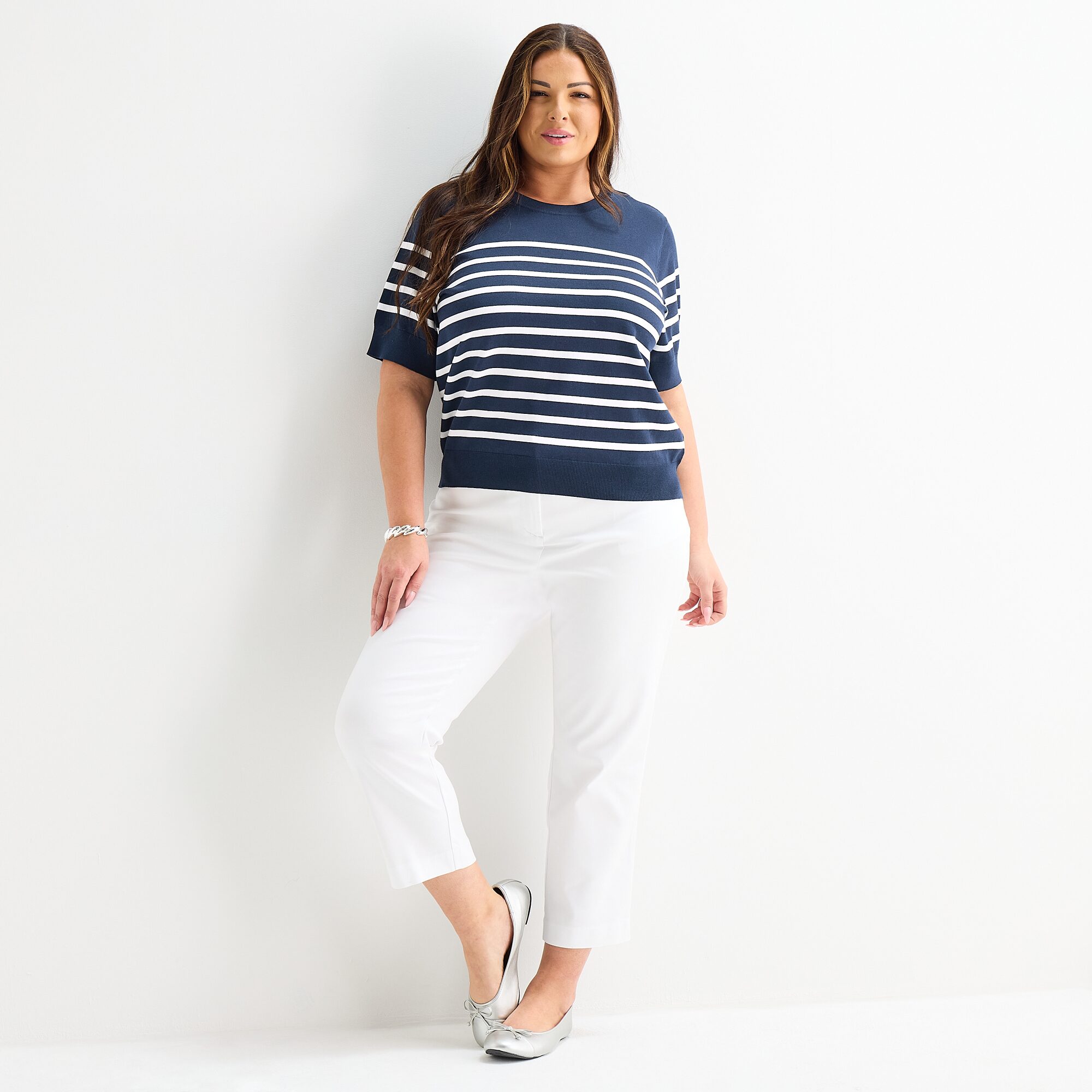 Liz Claiborne Plus Womens Crew Neck Short Sleeve Striped Pullover Sweater