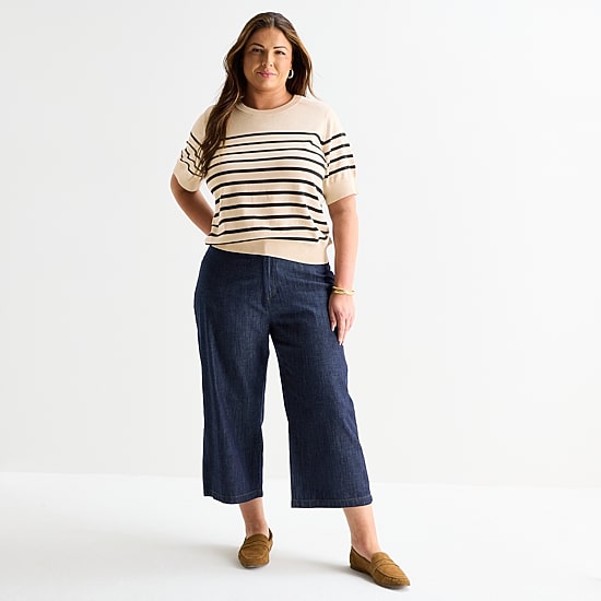 Liz Claiborne Plus Womens Crew Neck Short Sleeve Striped Pullover Sweater