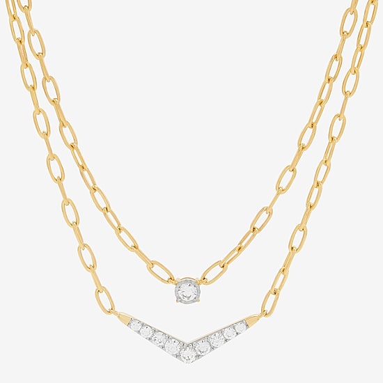 (H-I / Si2) Womens White Diamond 14K Gold Over Silver 16 1/2 Inch Chevron Necklace