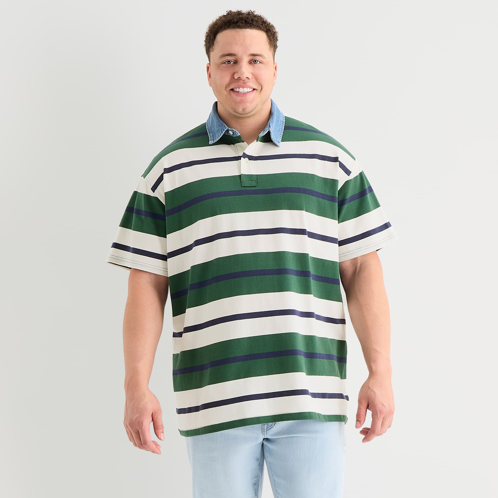 Arizona Mens Short Sleeve Regular Fit Button Down Collar Striped Big and Tall Rugby Shirt