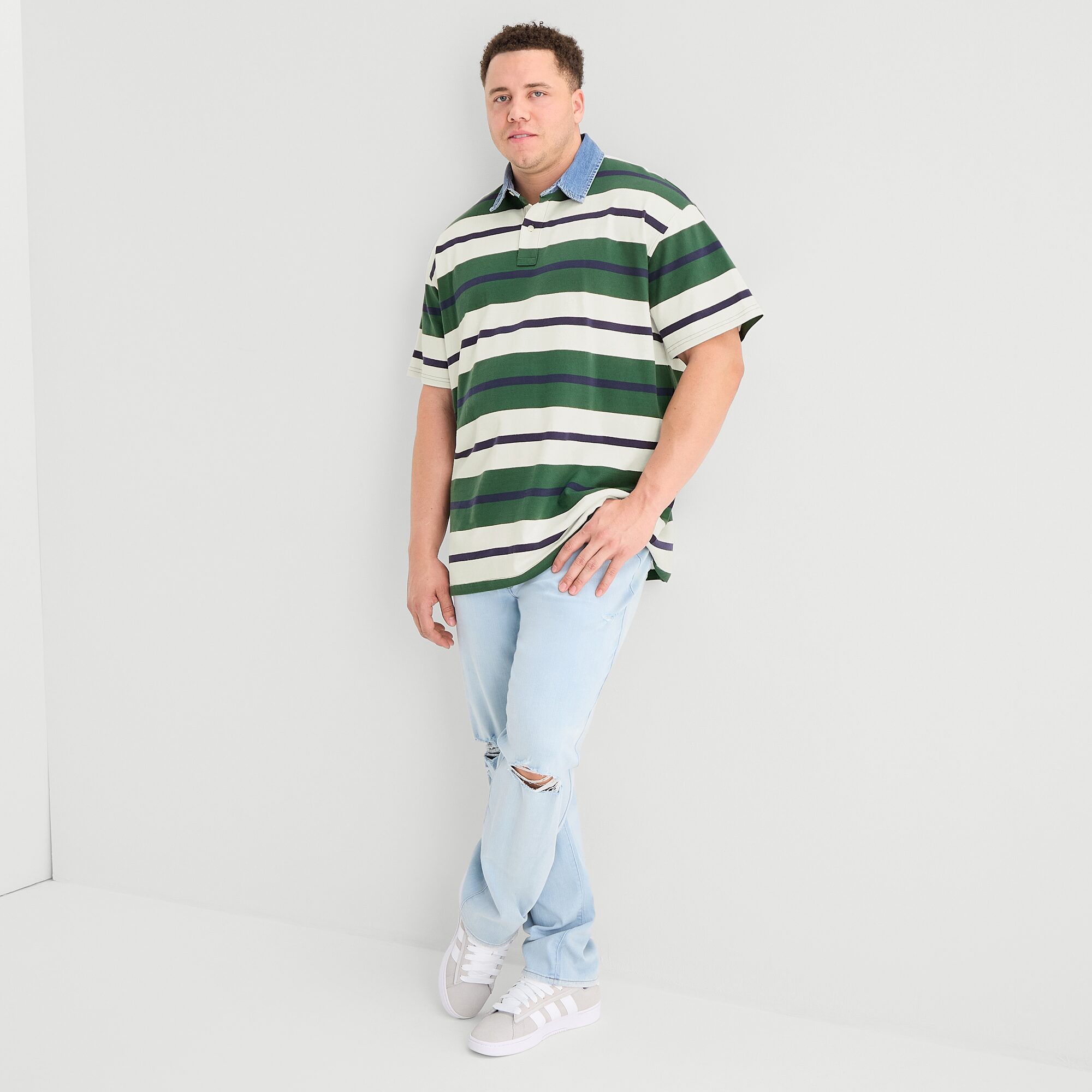 Arizona Mens Short Sleeve Regular Fit Button Down Collar Striped Big and Tall Rugby Shirt
