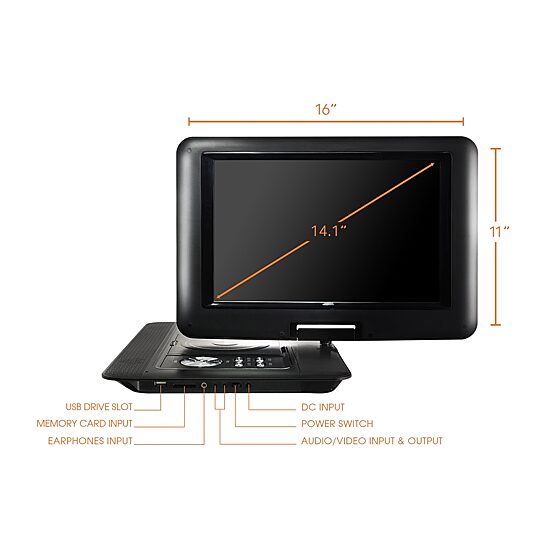 Trexonic 14.1" Portable DVD Player with TFT-LCD Screen and USB/SD/AV Inputs