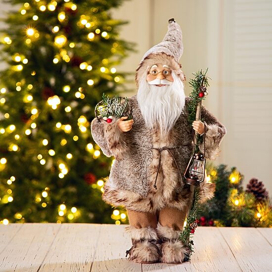 Glitzhome 18" Faux Brown Fur Santa Figurine