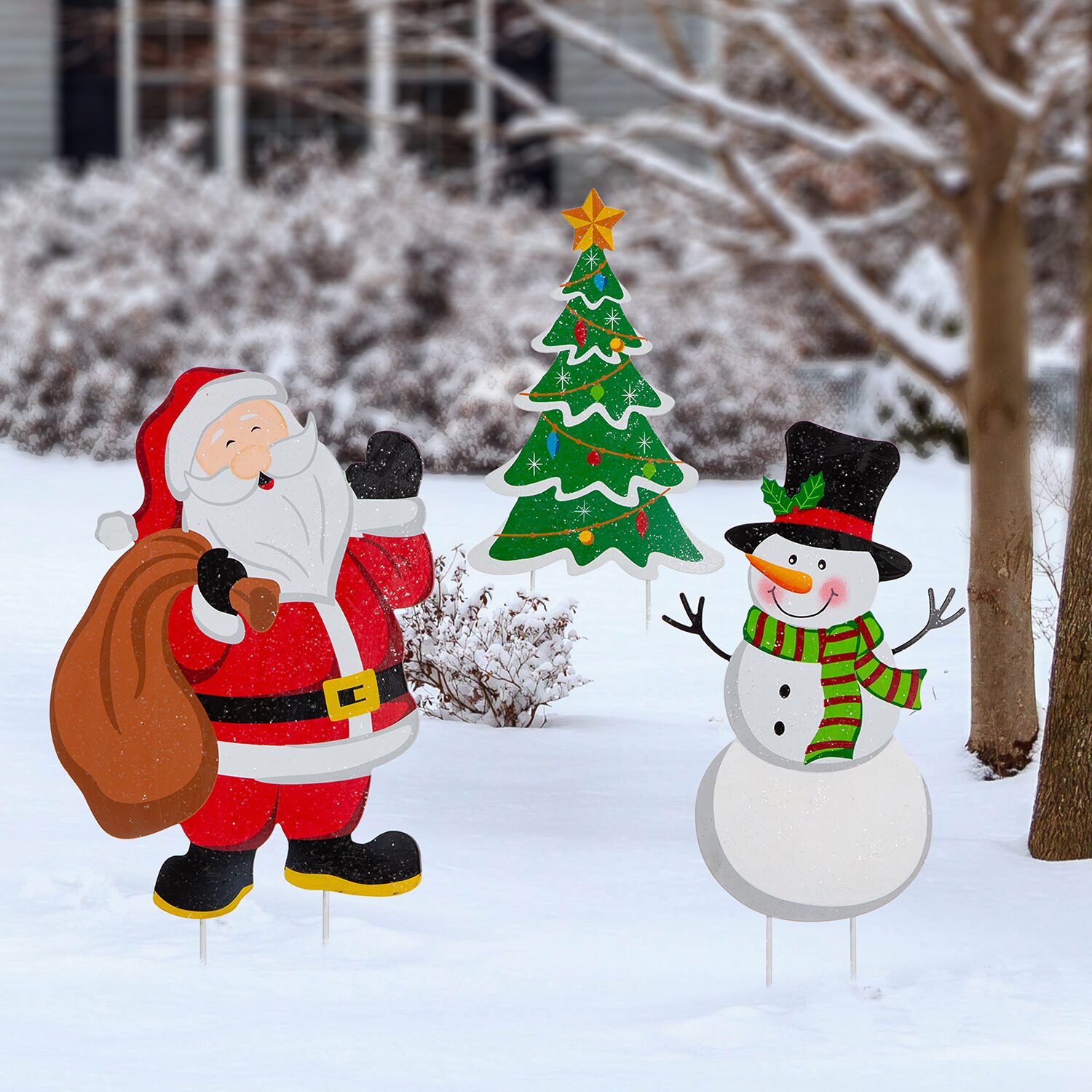 Glitzhome Snowman Santa Tree 3-Pc. Christmas Yard Art