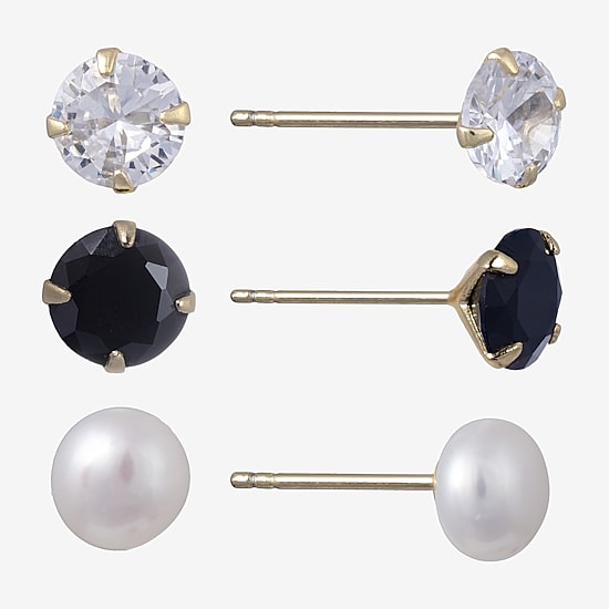 Silver Treasures Womens Simulated Pearl Sterling Silver 3 Pair Earring Set