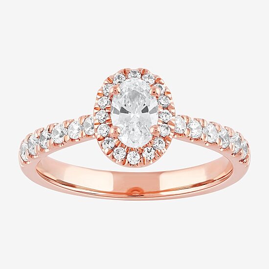 Certified (F / Si1) Womens 3/4 CT. T.W. Lab Grown White Diamond 10K Gold Oval Side Stone Halo Engagement Ring