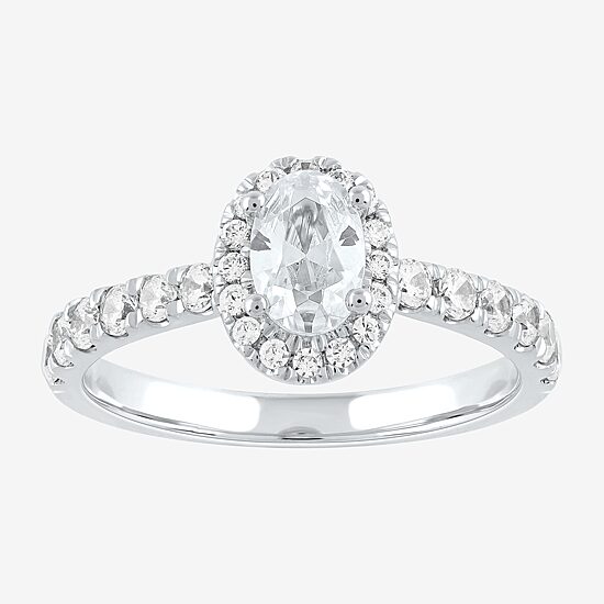 Certified (F / Si1) Womens 1 CT. T.W. Lab Grown White Diamond 10K Gold Oval Side Stone Halo Engagement Ring