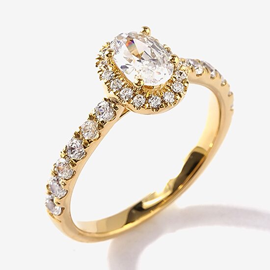 Certified (F / Si1) Womens 1 CT. T.W. Lab Grown White Diamond 10K Gold Oval Side Stone Halo Engagement Ring