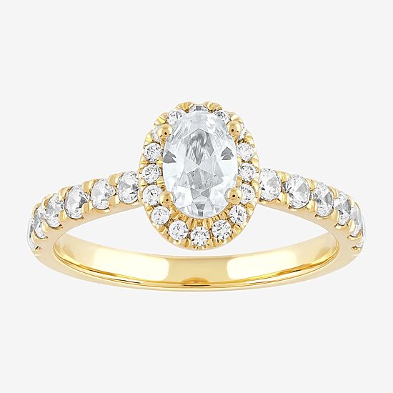 Certified (F / Si1) Womens 1 CT. T.W. Lab Grown White Diamond 10K Gold Oval Side Stone Halo Engagement Ring