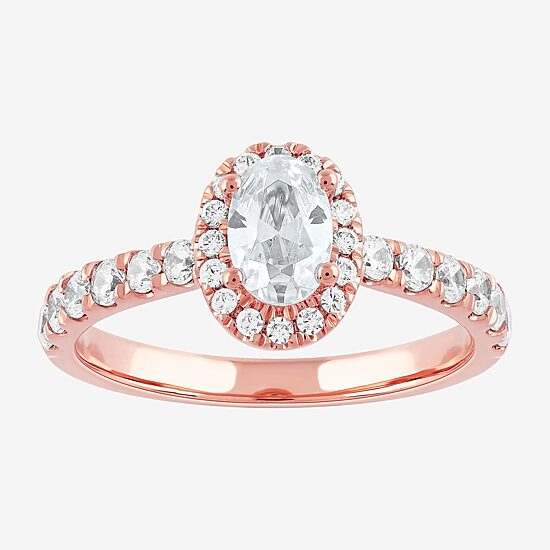 Certified (F / Si1) Womens 1 CT. T.W. Lab Grown White Diamond 10K Gold Oval Side Stone Halo Engagement Ring