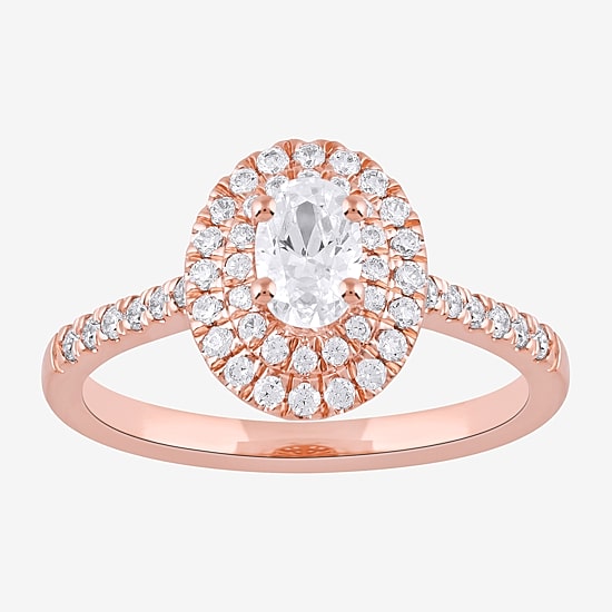 Certified (F / Si1) Womens 3/4 CT. T.W. Lab Grown White Diamond 10K Gold Oval Side Stone Halo Engagement Ring