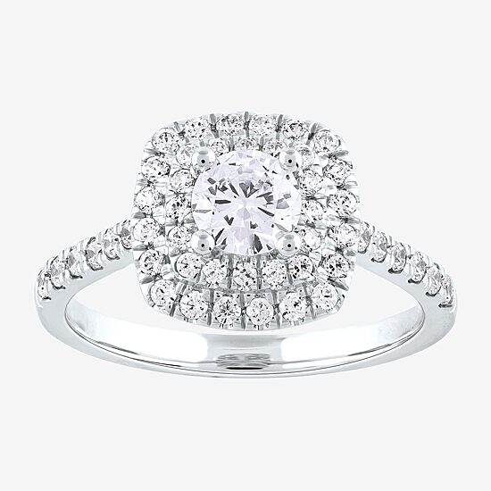 Certified (F / Si1) Womens 1 CT. T.W. Lab Grown White Diamond 10K Gold Cushion Side Stone Halo Engagement Ring