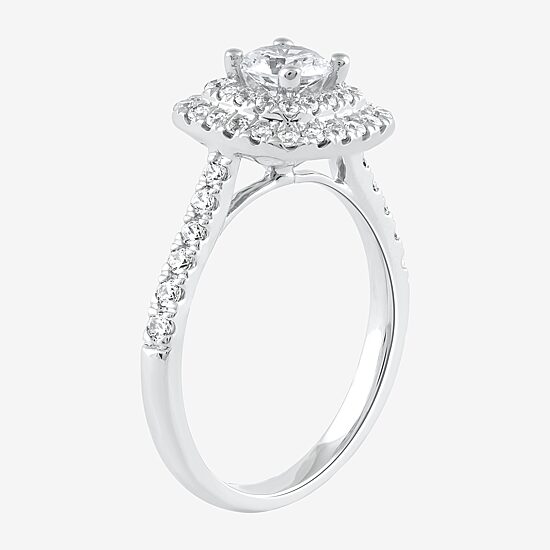 Certified (F / Si1) Womens 1 CT. T.W. Lab Grown White Diamond 10K Gold Cushion Side Stone Halo Engagement Ring