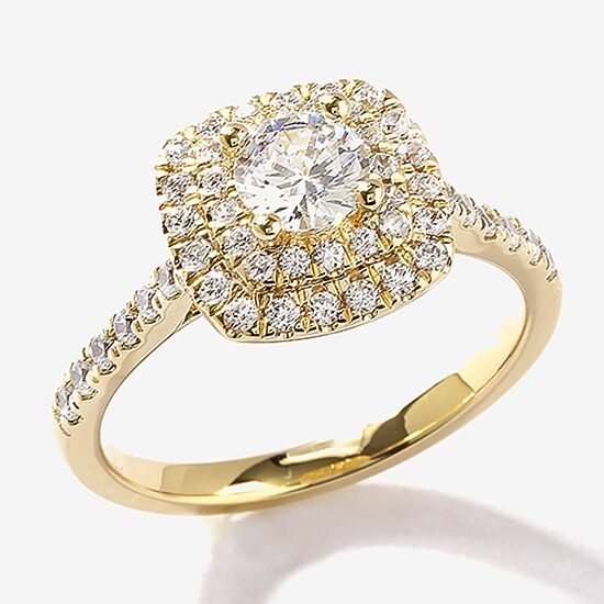 Certified (F / Si1) Womens 1 CT. T.W. Lab Grown White Diamond 10K Gold Cushion Side Stone Halo Engagement Ring