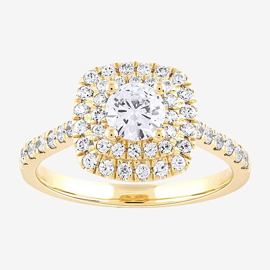 Certified (F / Si1) Womens 1 CT. T.W. Lab Grown White Diamond 10K Gold Cushion Side Stone Halo Engagement Ring