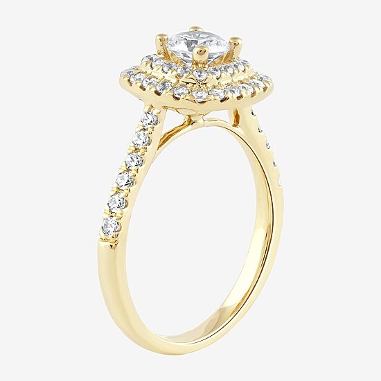 Certified (F / Si1) Womens 1 CT. T.W. Lab Grown White Diamond 10K Gold Cushion Side Stone Halo Engagement Ring