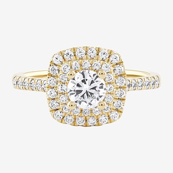 Certified (F / Si1) Womens 1 CT. T.W. Lab Grown White Diamond 10K Gold Cushion Side Stone Halo Engagement Ring