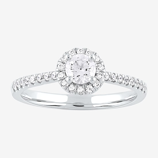 Certified (F / Si1) Womens 1/2 CT. T.W. Lab Grown White Diamond 10K Gold Round Side Stone Halo Engagement Ring