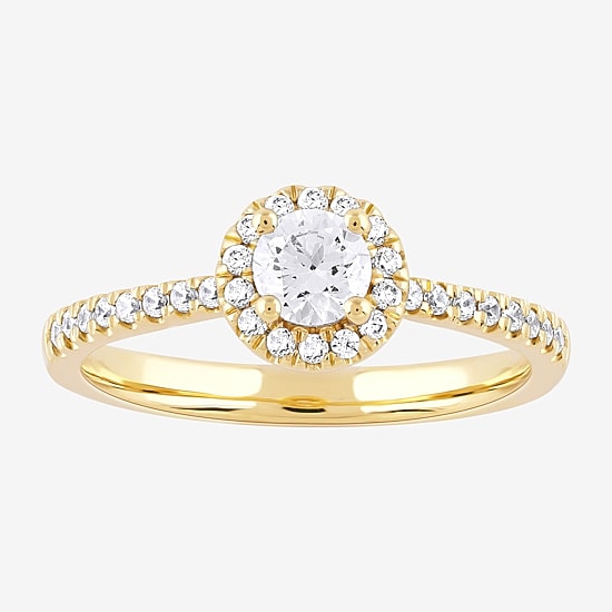 Certified (F / Si1) Womens 1/2 CT. T.W. Lab Grown White Diamond 10K Gold Round Side Stone Halo Engagement Ring