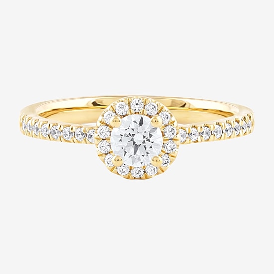 Certified (F / Si1) Womens 1/2 CT. T.W. Lab Grown White Diamond 10K Gold Round Side Stone Halo Engagement Ring