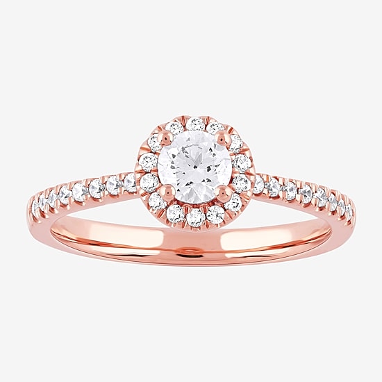 Certified (F / Si1) Womens 1/2 CT. T.W. Lab Grown White Diamond 10K Gold Round Side Stone Halo Engagement Ring