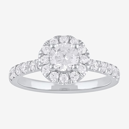 Certified (F / Si1) Womens 1 CT. T.W. Lab Grown White Diamond 10K Gold Round Side Stone Halo Engagement Ring
