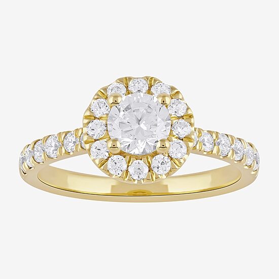 Certified (F / Si1) Womens 1 CT. T.W. Lab Grown White Diamond 10K Gold Round Side Stone Halo Engagement Ring