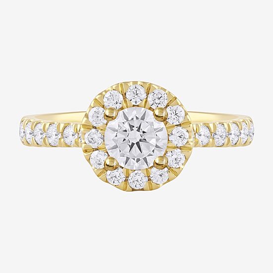 Certified (F / Si1) Womens 1 CT. T.W. Lab Grown White Diamond 10K Gold Round Side Stone Halo Engagement Ring