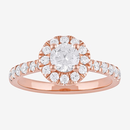 Certified (F / Si1) Womens 1 CT. T.W. Lab Grown White Diamond 10K Gold Round Side Stone Halo Engagement Ring