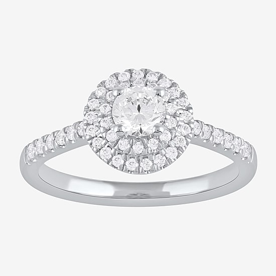 Certified (F / Si1) Womens 5/8 CT. T.W. Lab Grown White Diamond 10K Gold Round Side Stone Halo Engagement Ring