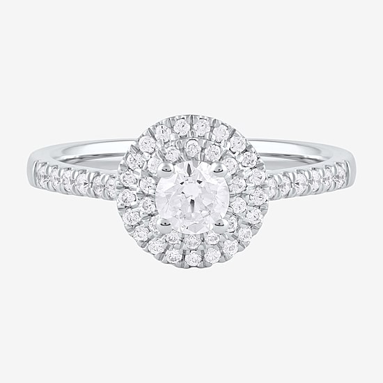 Certified (F / Si1) Womens 5/8 CT. T.W. Lab Grown White Diamond 10K Gold Round Side Stone Halo Engagement Ring