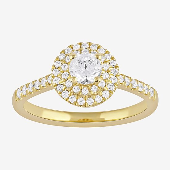 Certified (F / Si1) Womens 5/8 CT. T.W. Lab Grown White Diamond 10K Gold Round Side Stone Halo Engagement Ring