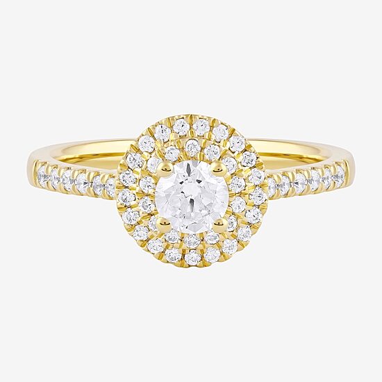Certified (F / Si1) Womens 5/8 CT. T.W. Lab Grown White Diamond 10K Gold Round Side Stone Halo Engagement Ring