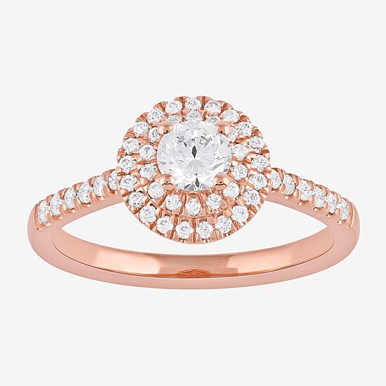 Certified (F / Si1) Womens 5/8 CT. T.W. Lab Grown White Diamond 10K Gold Round Side Stone Halo Engagement Ring