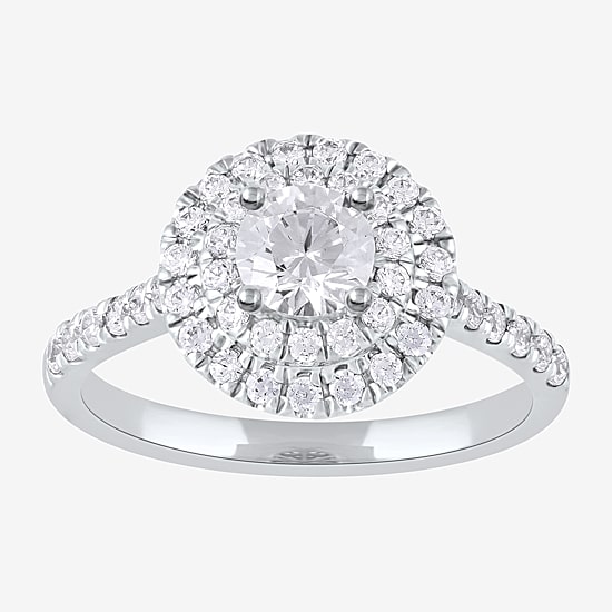 Certified (F / Si1) Womens 1 CT. T.W. Lab Grown White Diamond 10K Gold Round Side Stone Halo Engagement Ring