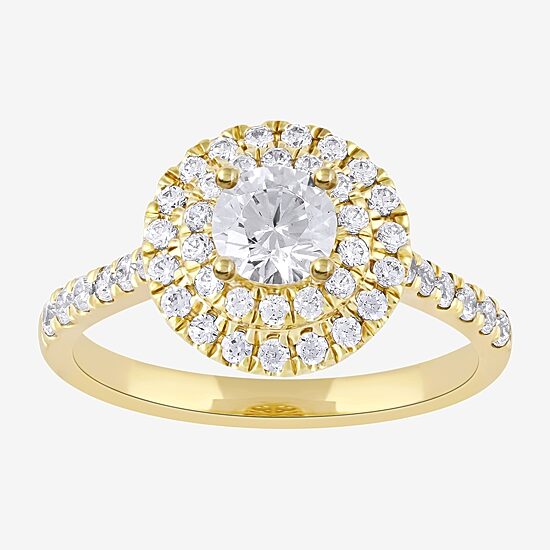 Certified (F / Si1) Womens 1 CT. T.W. Lab Grown White Diamond 10K Gold Round Side Stone Halo Engagement Ring
