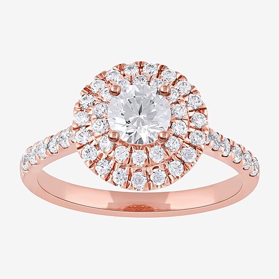 Certified (F / Si1) Womens 1 CT. T.W. Lab Grown White Diamond 10K Gold Round Side Stone Halo Engagement Ring