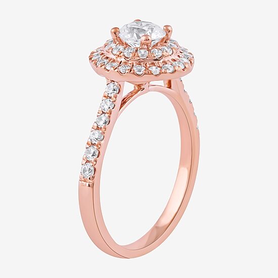 Certified (F / Si1) Womens 1 CT. T.W. Lab Grown White Diamond 10K Gold Round Side Stone Halo Engagement Ring