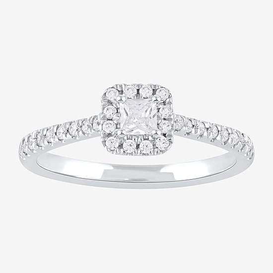 Certified (F / Si1) Womens 3/8 CT. T.W. Lab Grown White Diamond 10K Gold Cushion Side Stone Halo Engagement Ring