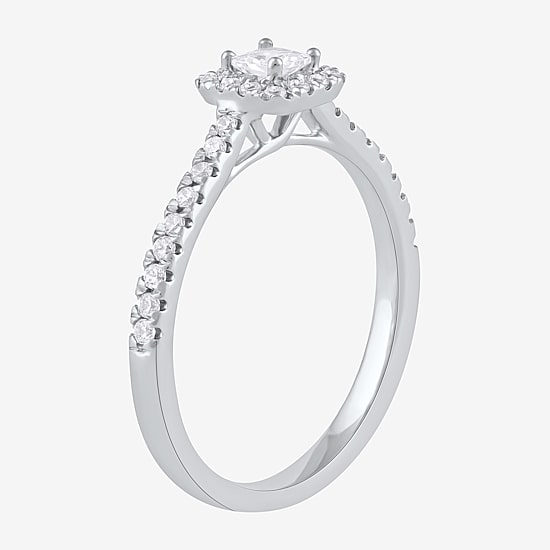 Certified (F / Si1) Womens 3/8 CT. T.W. Lab Grown White Diamond 10K Gold Cushion Side Stone Halo Engagement Ring