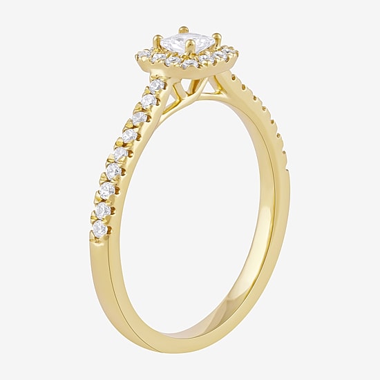 Certified (F / Si1) Womens 3/8 CT. T.W. Lab Grown White Diamond 10K Gold Cushion Side Stone Halo Engagement Ring