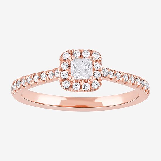 Certified (F / Si1) Womens 3/8 CT. T.W. Lab Grown White Diamond 10K Gold Cushion Side Stone Halo Engagement Ring