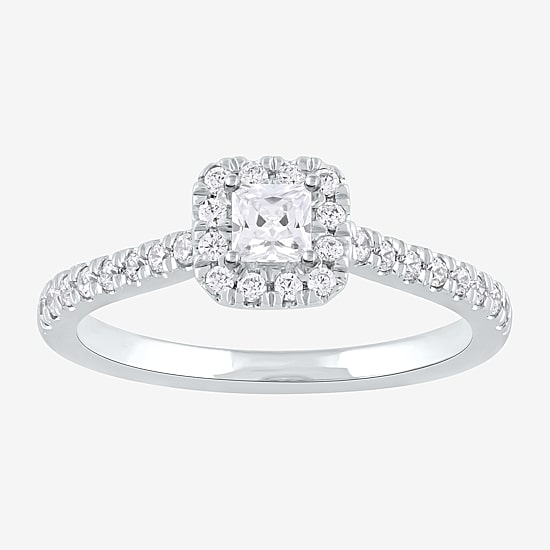 Certified (F / Si1) Womens 1/2 CT. T.W. Lab Grown White Diamond 10K Gold Side Stone Halo Engagement Ring