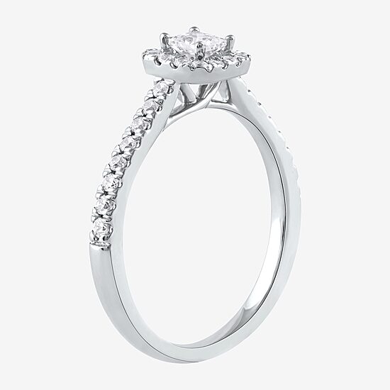 Certified (F / Si1) Womens 1/2 CT. T.W. Lab Grown White Diamond 10K Gold Side Stone Halo Engagement Ring