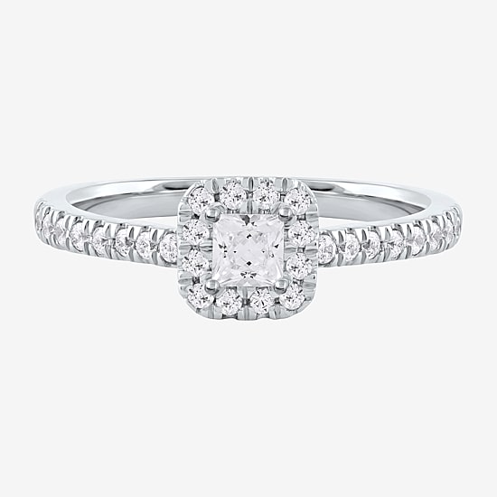 Certified (F / Si1) Womens 1/2 CT. T.W. Lab Grown White Diamond 10K Gold Side Stone Halo Engagement Ring