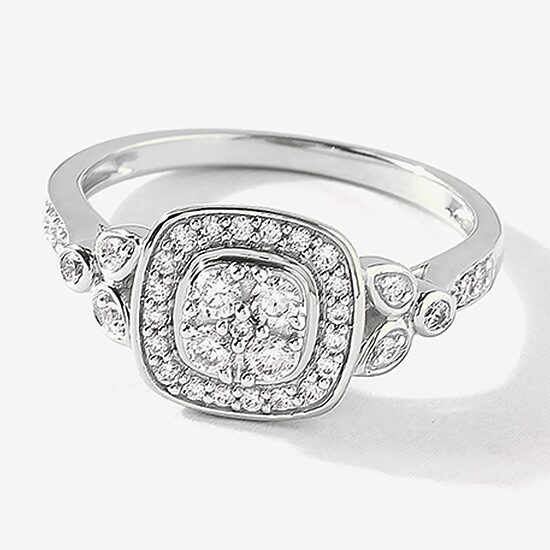 Certified (F / Si1) Womens 3/8 CT. T.W. Lab Grown White Diamond 10K Gold Cushion Side Stone Halo Engagement Ring