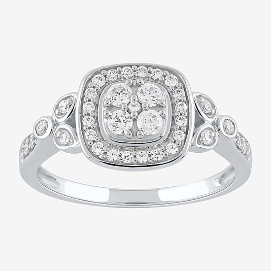 Certified (F / Si1) Womens 3/8 CT. T.W. Lab Grown White Diamond 10K Gold Cushion Side Stone Halo Engagement Ring