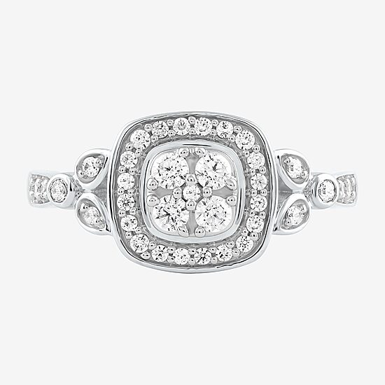 Certified (F / Si1) Womens 3/8 CT. T.W. Lab Grown White Diamond 10K Gold Cushion Side Stone Halo Engagement Ring
